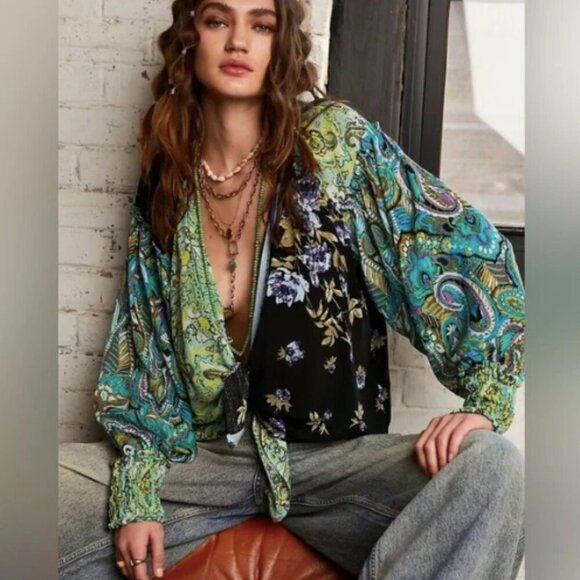 Free People Gemini Blouse Mixed Print Colorful Bohemian Hippie Oversized XS - Picture 1 of 7